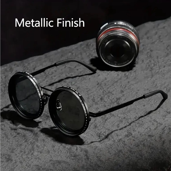 Steampunk Style Adjustable Tint Polarized Round Men Sunglasses, All Black - Picture 3 of 7